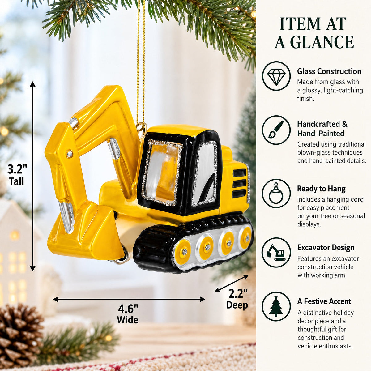 Excavator Construction Vehicle with Working Arm Glass Christmas Ornament