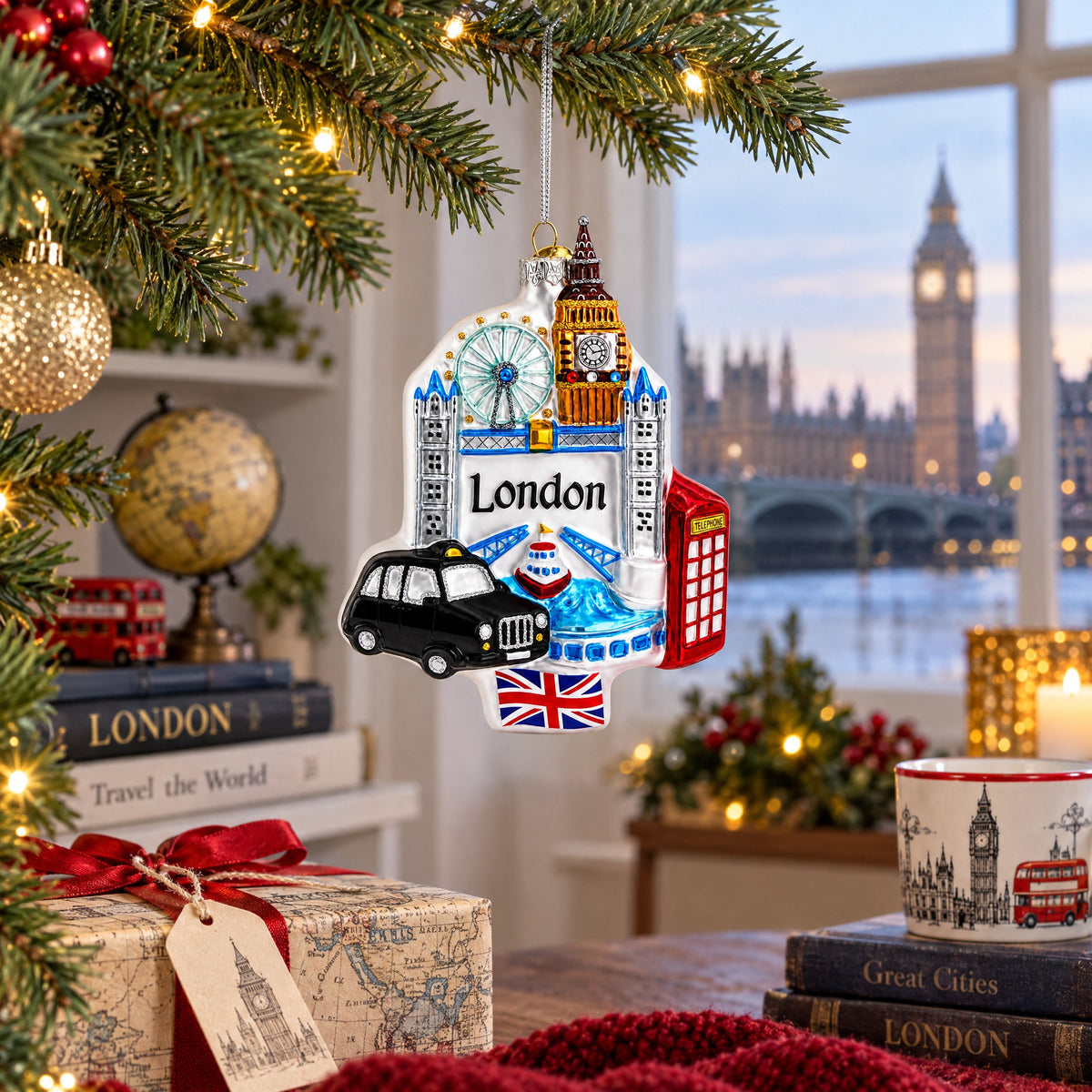 London Landmarks with Big Ben and Taxi Glass Christmas Ornament