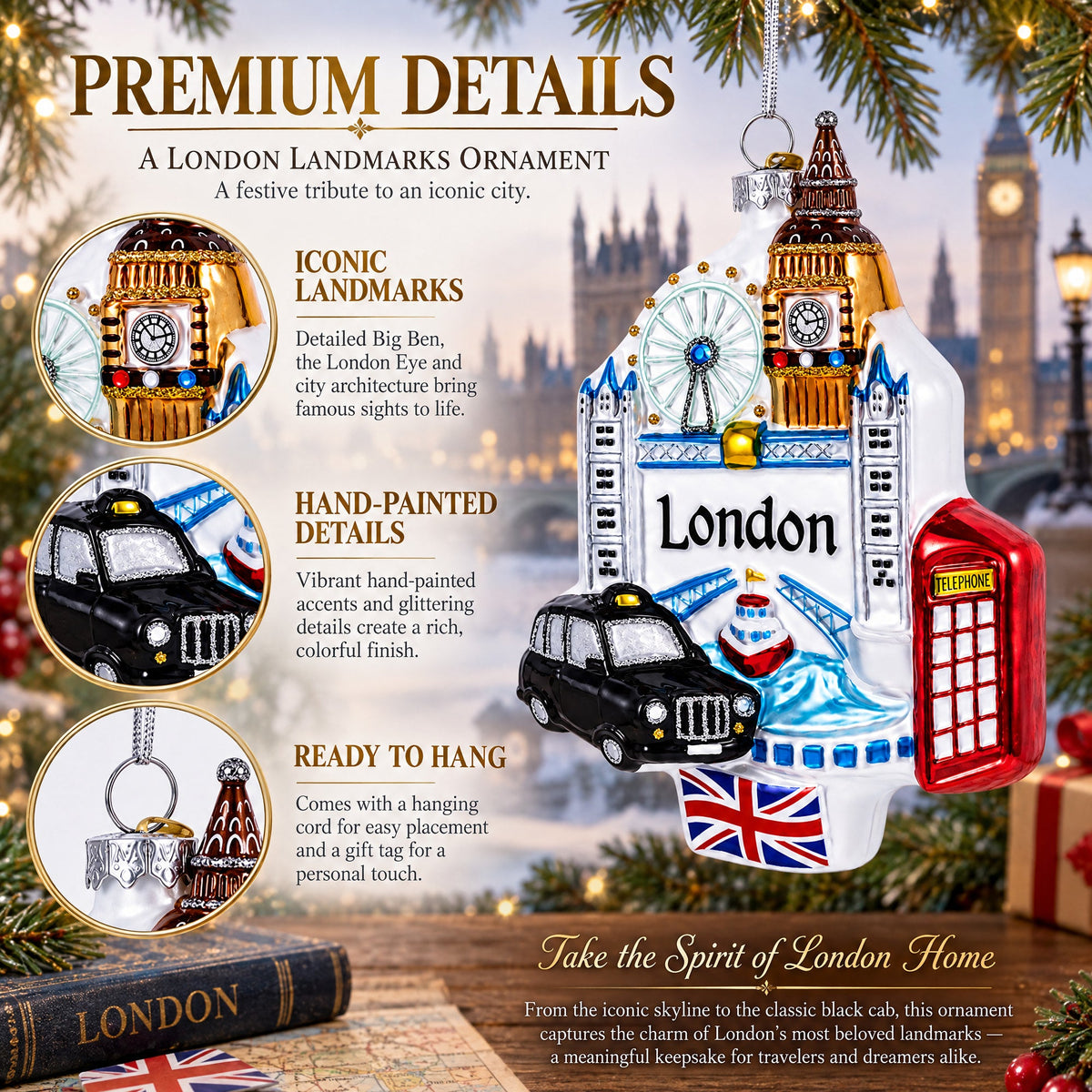 London Landmarks with Big Ben and Taxi Glass Christmas Ornament
