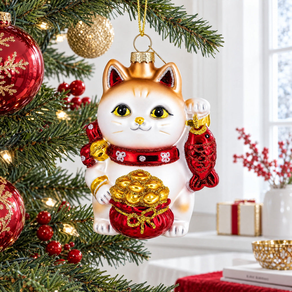 Lucky Maneki Neko Fortune Cat with Gold Coins Glass Christmas Ornament