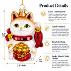 Lucky Maneki Neko Fortune Cat with Gold Coins Glass Christmas Ornament