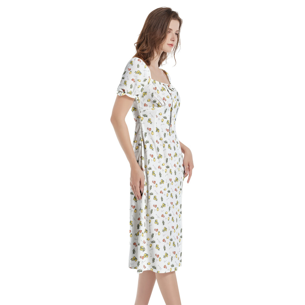 Italian cooking Puff Sleeve Split Thigh Midi Dress - White patterned summer dress