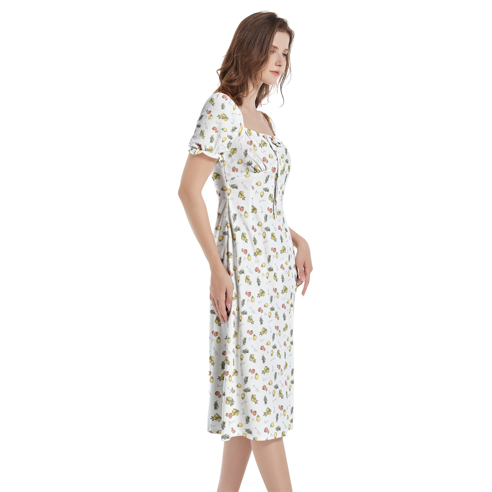 Italian cooking Puff Sleeve Split Thigh Midi Dress - White patterned summer dress