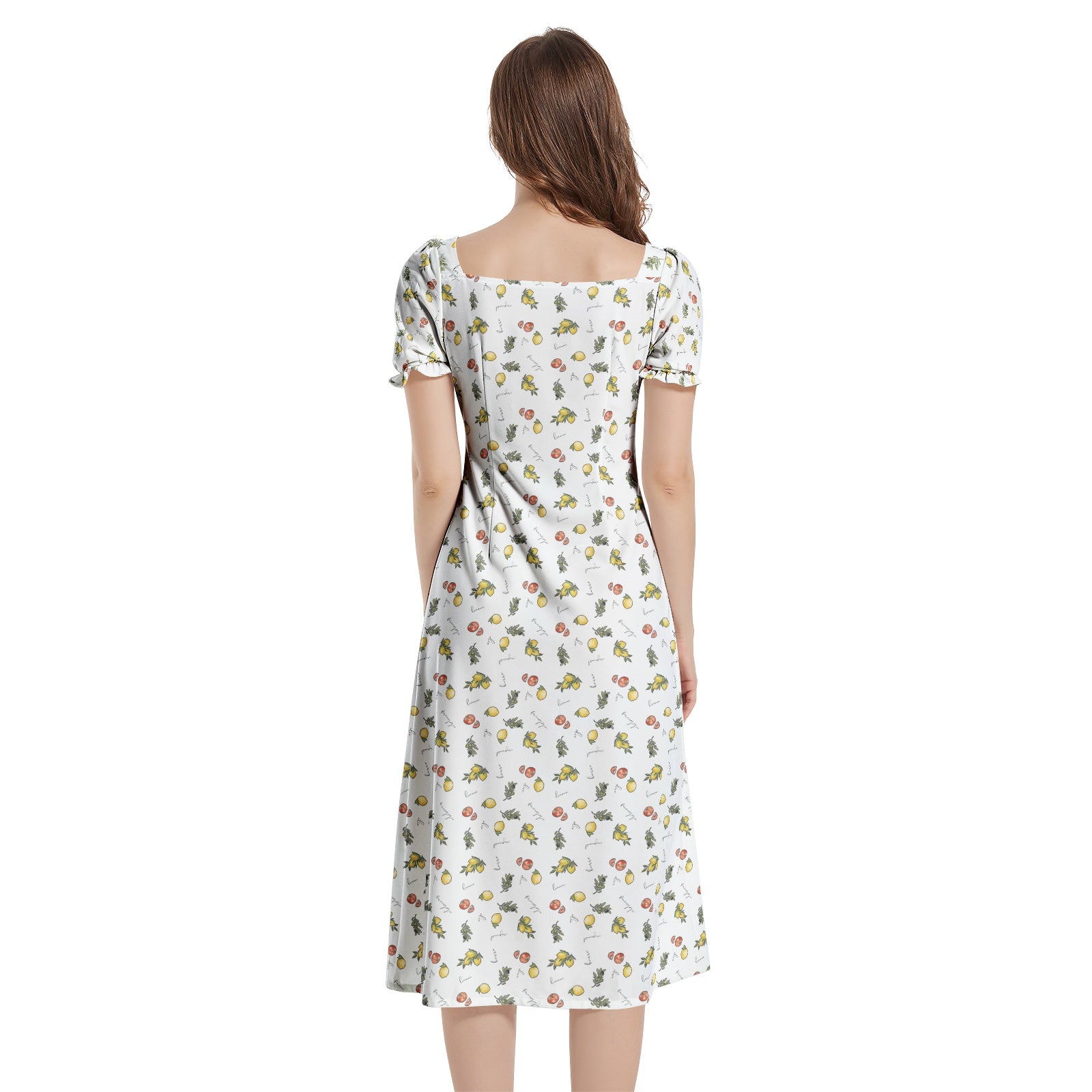 Italian cooking Puff Sleeve Split Thigh Midi Dress - White patterned summer dress