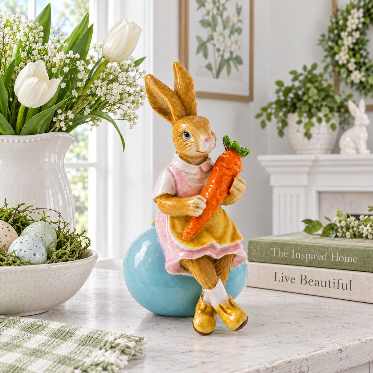 Decorative Easter Bunny on Egg with Carrot Vintage Holiday Figurine 5.2 Inches Tall Easter > Figurines > Bunnies La Vie Bien Decorative Easter Bunny on Egg with Carrot Vintage Holiday Figurine 5.2 Inches Tall