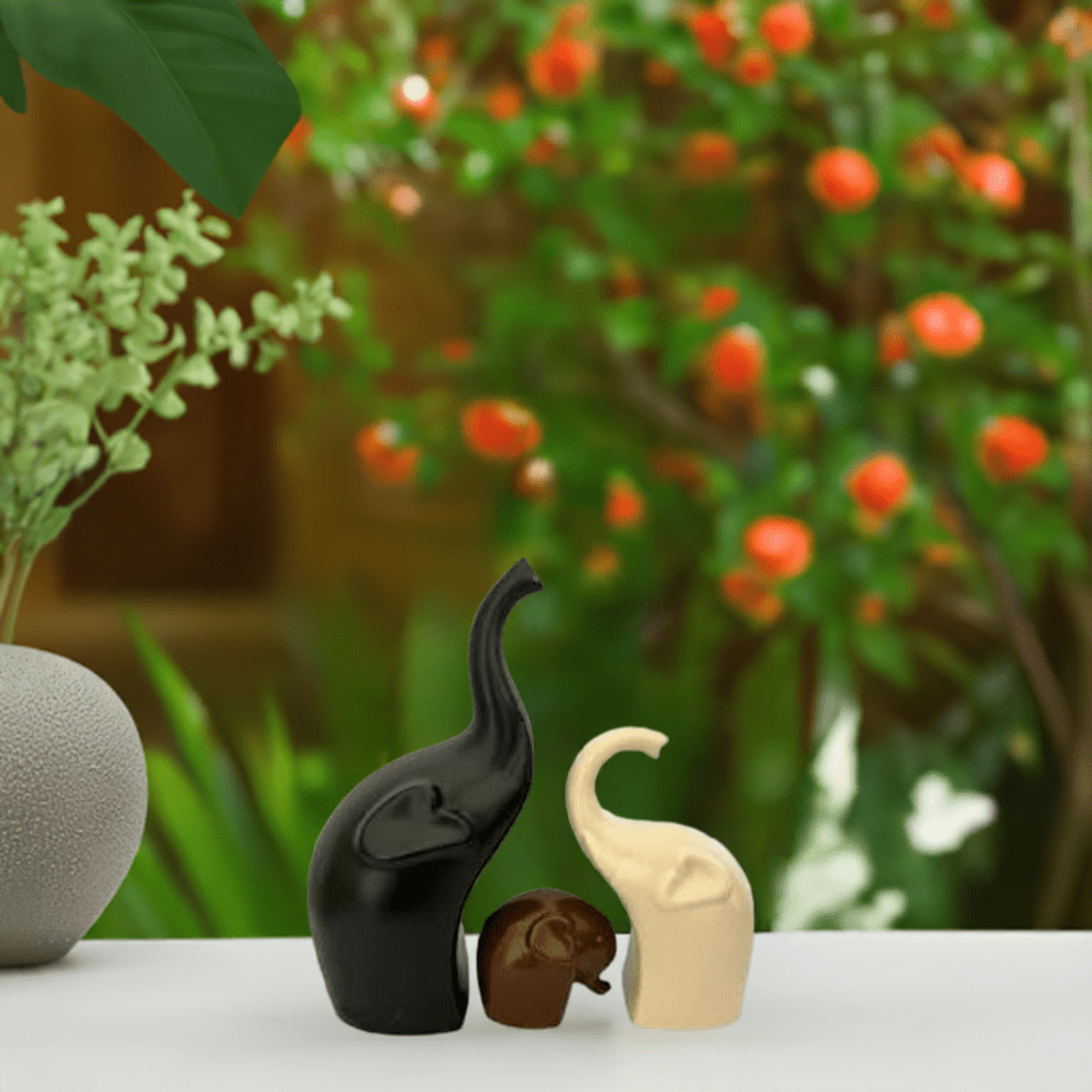 Decorative Elephant Ceramic Figurines set of 3 Black Brown and Off White Figurines La Vie Bien Decorative Elephant Ceramic Figurines set of 3 Black Brown and Off White