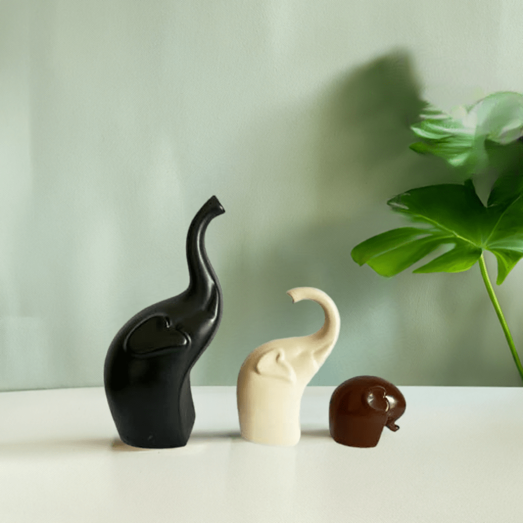 Decorative Elephant Ceramic Figurines set of 3 Black Brown and Off White Figurines La Vie Bien Decorative Elephant Ceramic Figurines set of 3 Black Brown and Off White