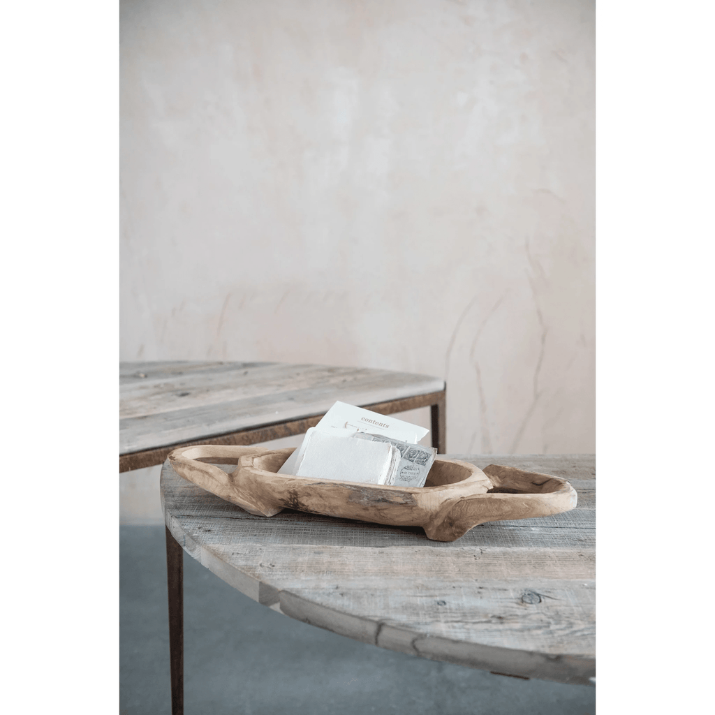 Decorative Hand-Carved Teakwood Tray with Handles by White Cliff Studio