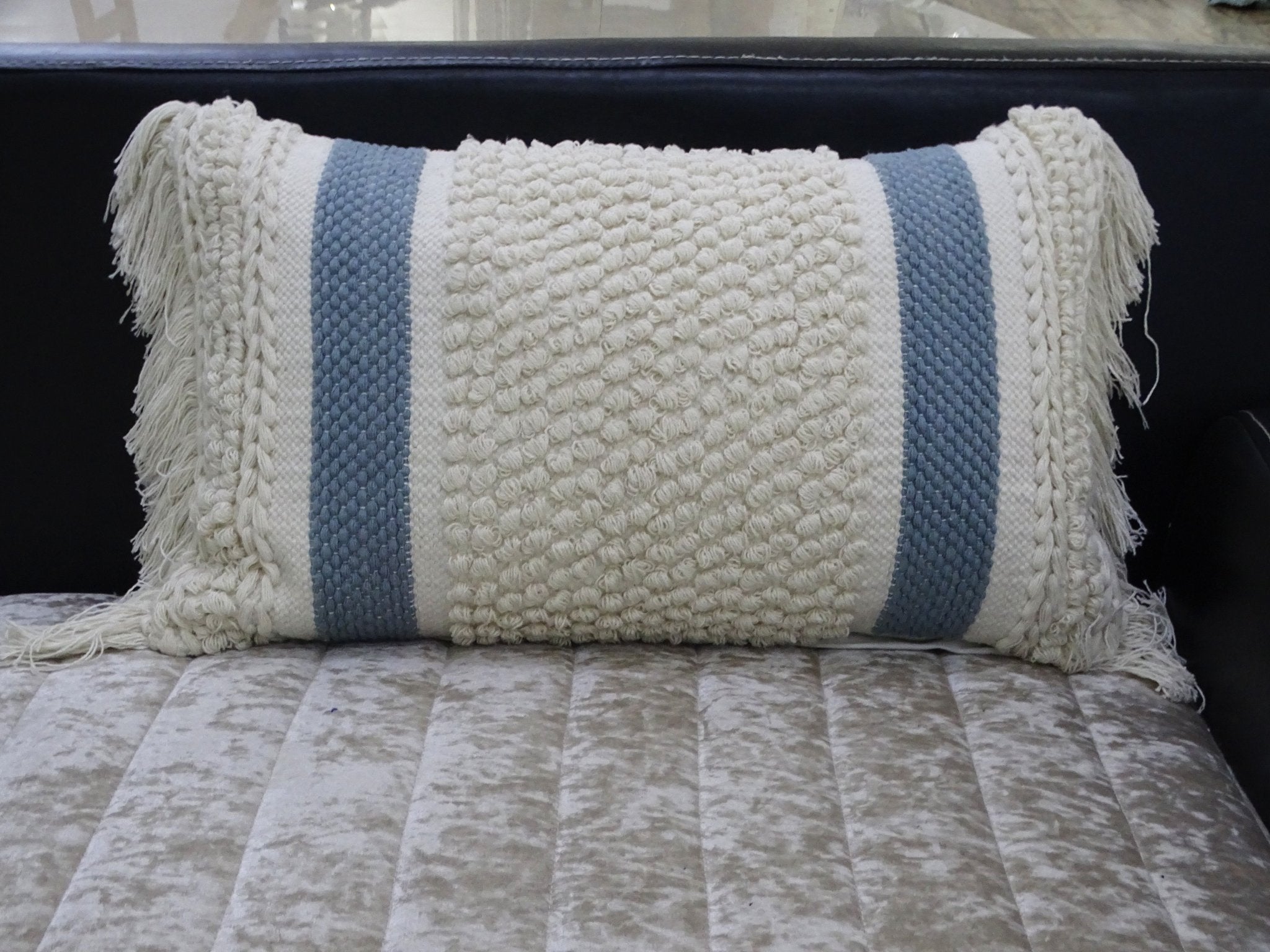 Decorative Striped Pillow with Loop Texture and Fringes 14"x24" Home Furnishings La Vie Bien Decorative Striped Pillow with Loop Texture and Fringes 14"x24"
