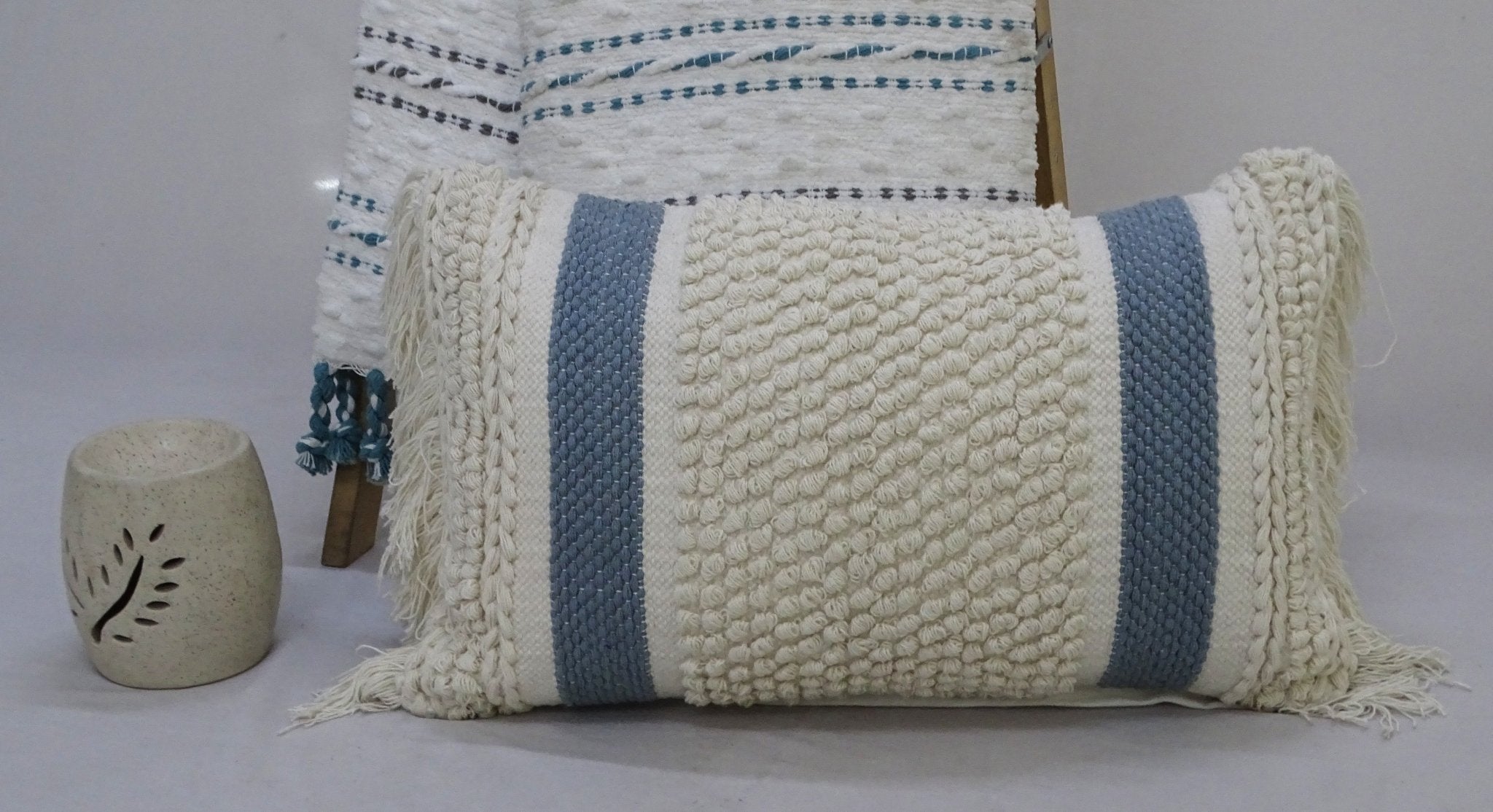 Decorative Striped Pillow with Loop Texture and Fringes 14"x24" Home Furnishings La Vie Bien Decorative Striped Pillow with Loop Texture and Fringes 14"x24"