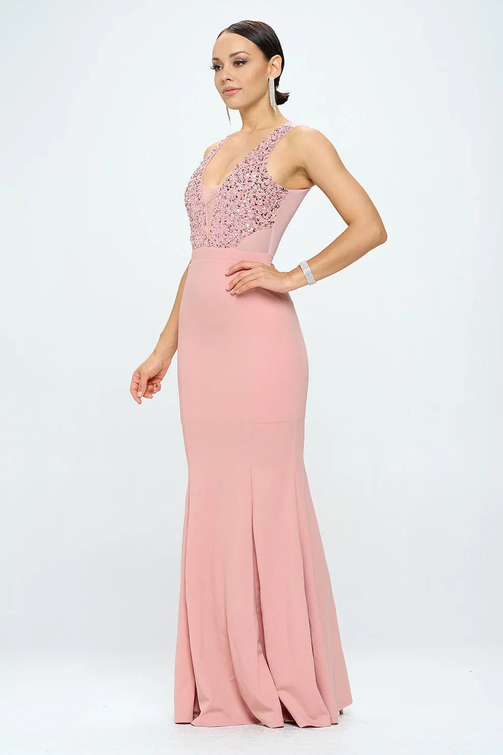 DEEP V NECK RHINESTONED FLOOR LENGTH MAXI DRESS Dress La Vie Bien DEEP V NECK RHINESTONED FLOOR LENGTH MAXI DRESS