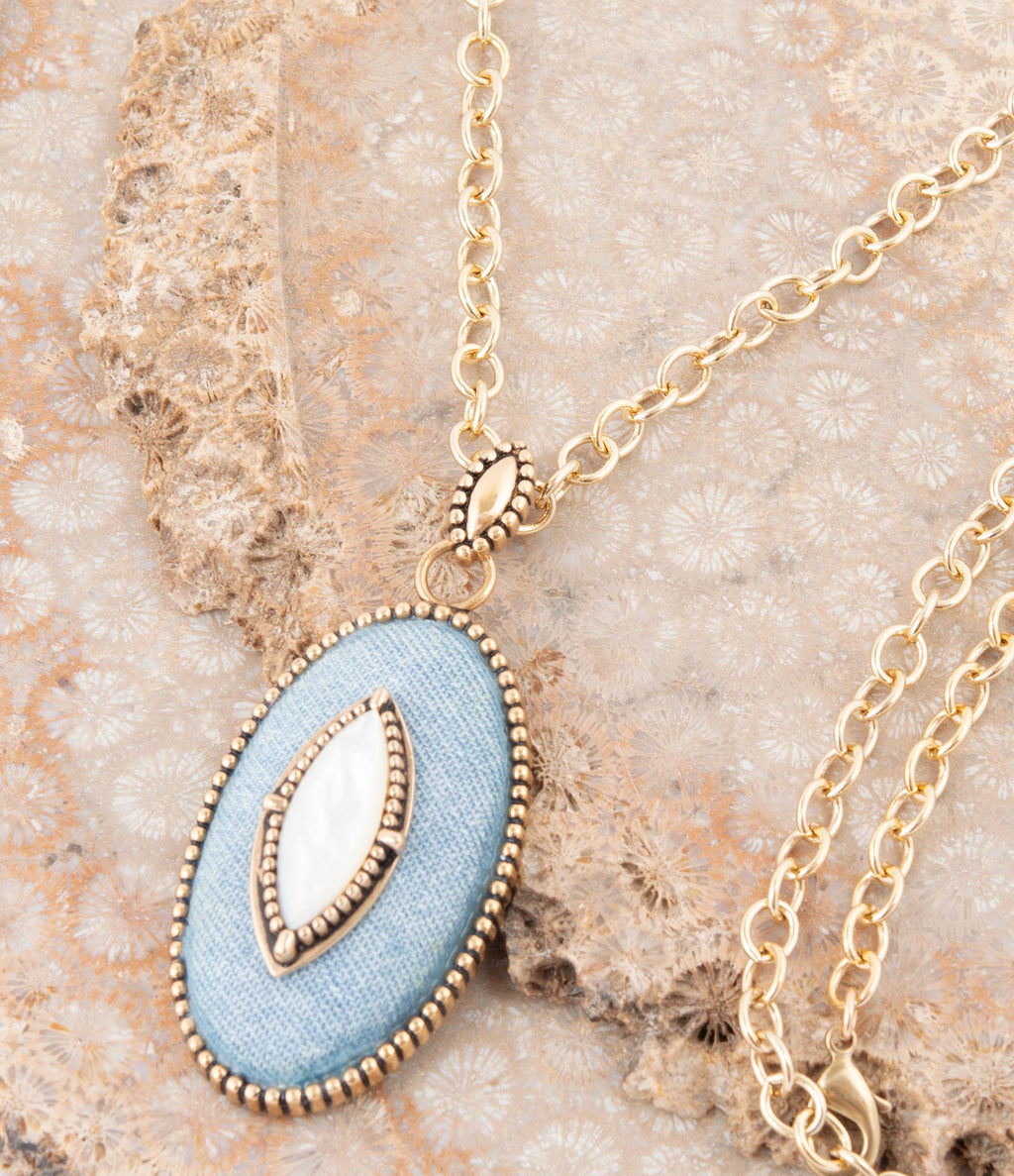 Blue Denim Dreams White Mother of Pearl Golden Pendant Necklace by Barse Jewelry