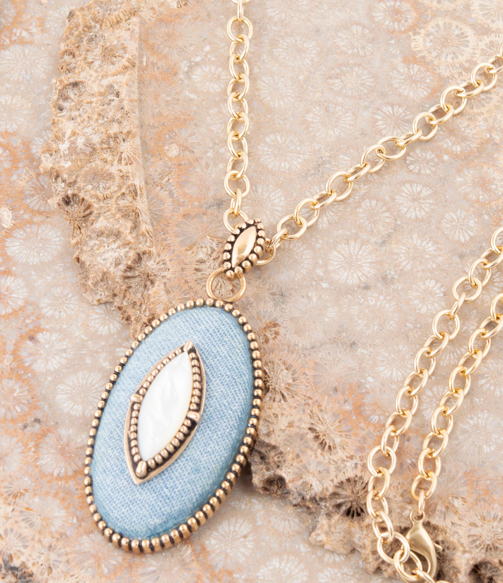 Blue Denim Dreams White Mother of Pearl Golden Pendant Necklace by Barse Jewelry