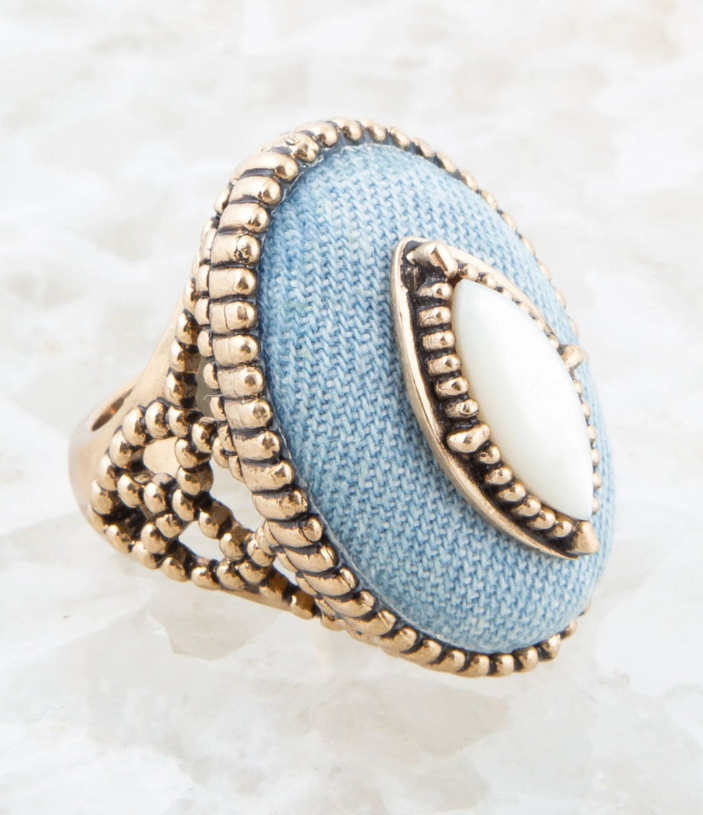 Denim Dreams White Mother of Pearl Golden Statement Ring by Barse Jewelry