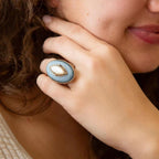 Denim Dreams White Mother of Pearl Golden Statement Ring by Barse Jewelry