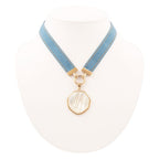 Blue Denim Dreams White Mother of Pearl Ribbon Golden Pendant Necklace by Barse Jewelry