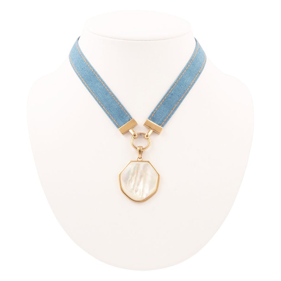 Blue Denim Dreams White Mother of Pearl Ribbon Golden Pendant Necklace by Barse Jewelry