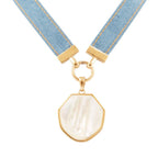 Blue Denim Dreams White Mother of Pearl Ribbon Golden Pendant Necklace by Barse Jewelry
