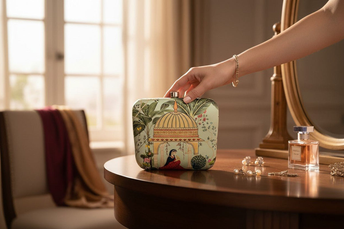 Designer Clutch with Women in Traditional Attire Sitting in a Domed Pavilion Clutch La Vie Bien Designer Clutch with Women in Traditional Attire Sitting in a Domed Pavilion