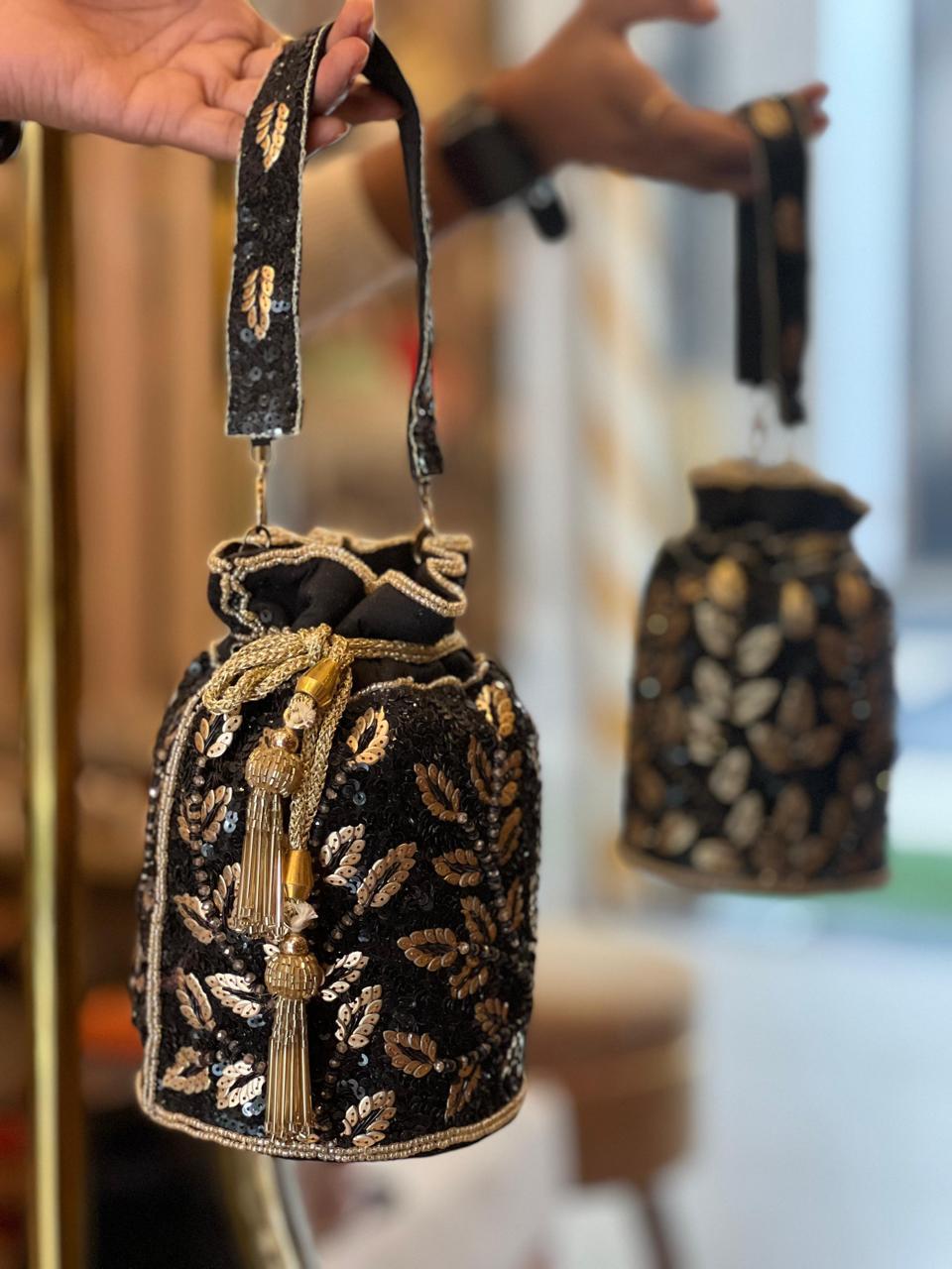 Designer Duffle Round Potli - Hand Embroidered La Vie Bien Designer Duffle Round Potli - Hand Embroidered