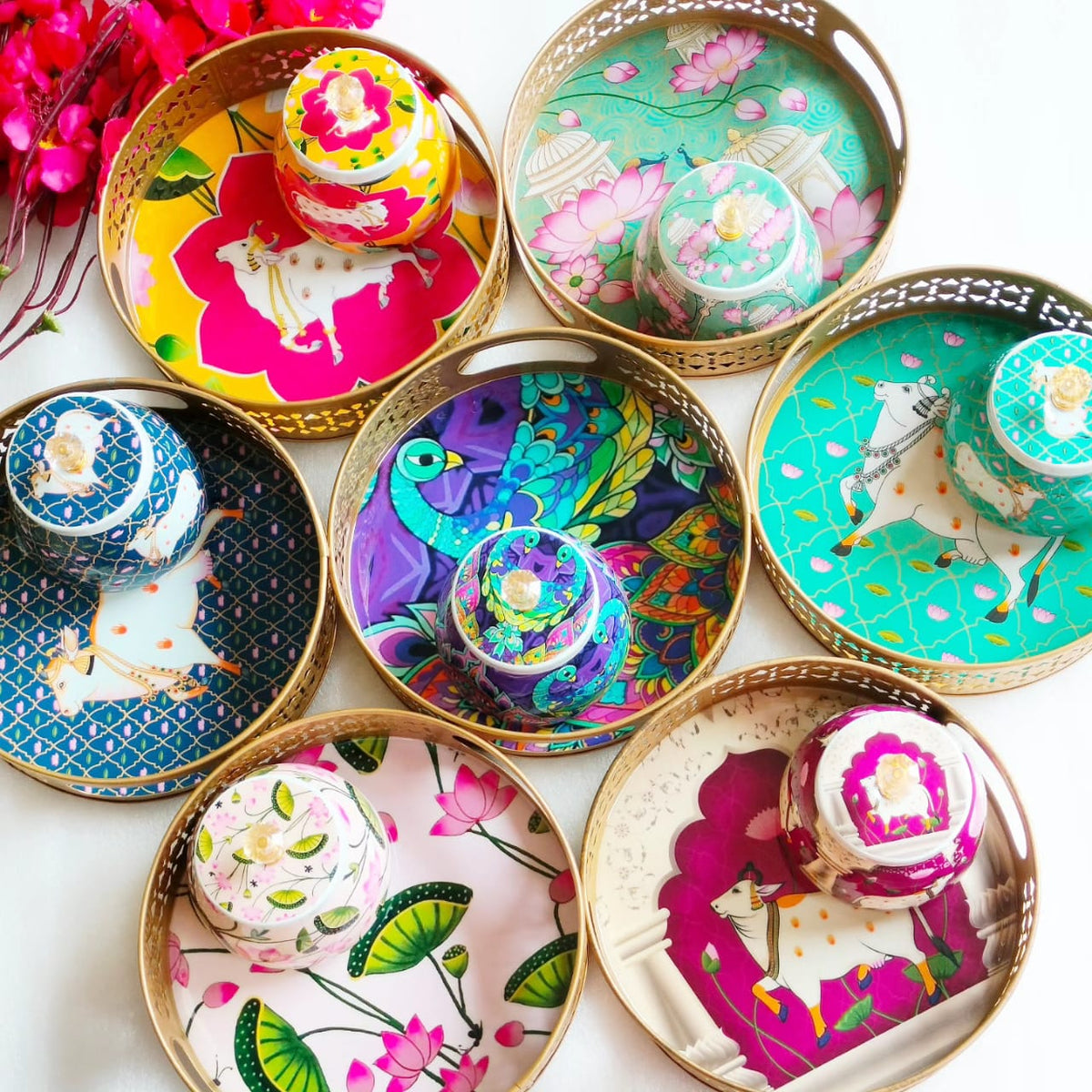 Designer Floral Print Tray Set with Matching Jar La Vie Bien Designer Floral Print Tray Set with Matching Jar