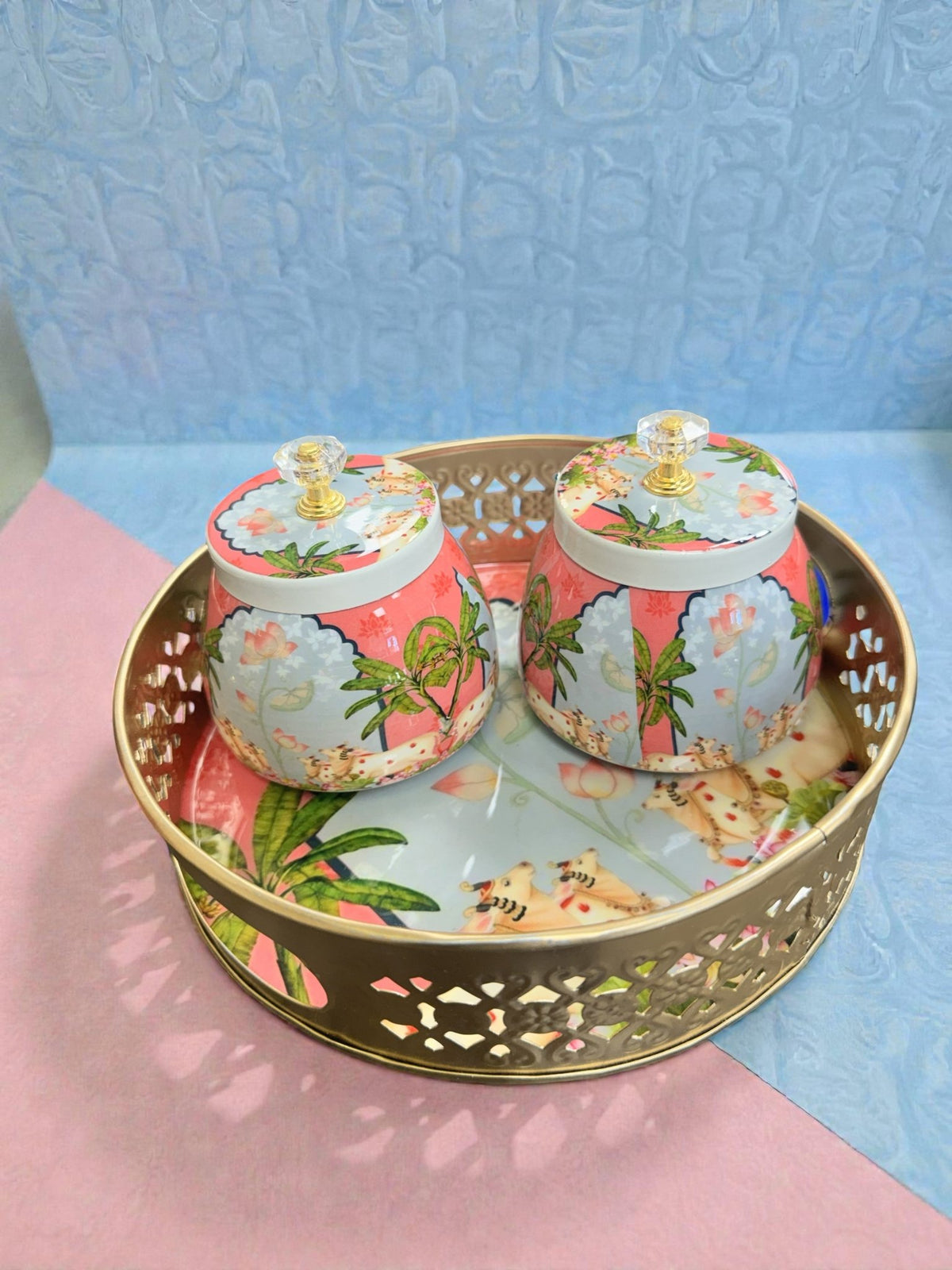 Designer Floral Print Tray Set with Matching Jar La Vie Bien Designer Floral Print Tray Set with Matching Jar