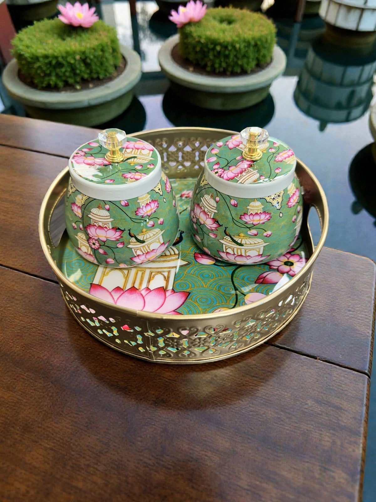 Designer Floral Print Tray Set with Matching Jar La Vie Bien Designer Floral Print Tray Set with Matching Jar