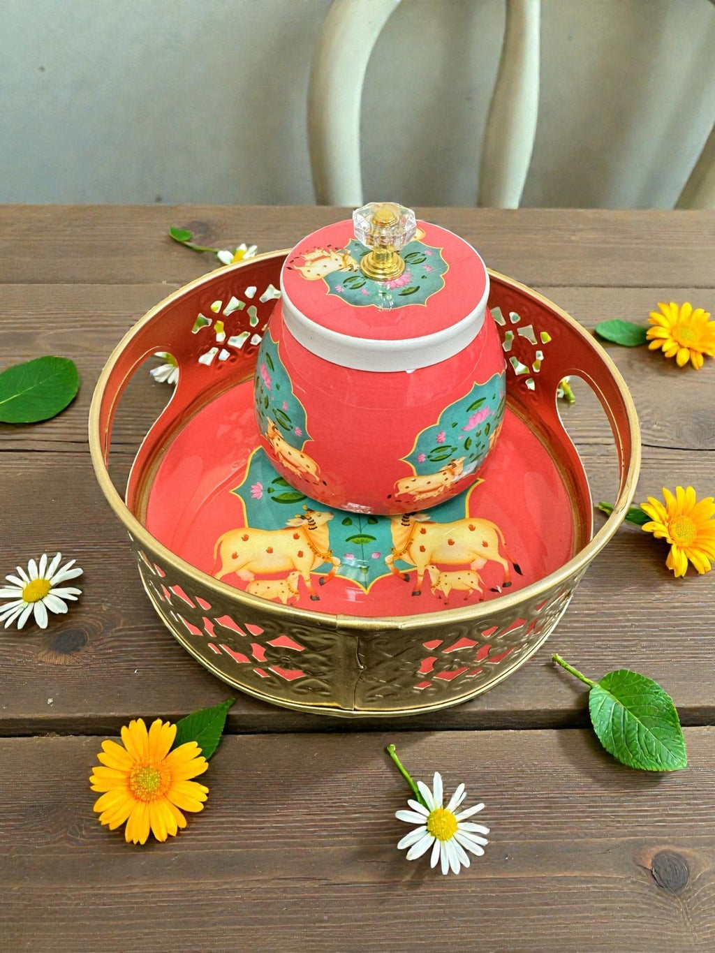 Designer Floral Print Tray Set with Matching Jar La Vie Bien Designer Floral Print Tray Set with Matching Jar
