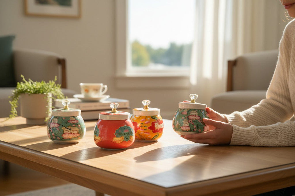 Designer Floral Print Tray Set with Matching Jar La Vie Bien Designer Floral Print Tray Set with Matching Jar
