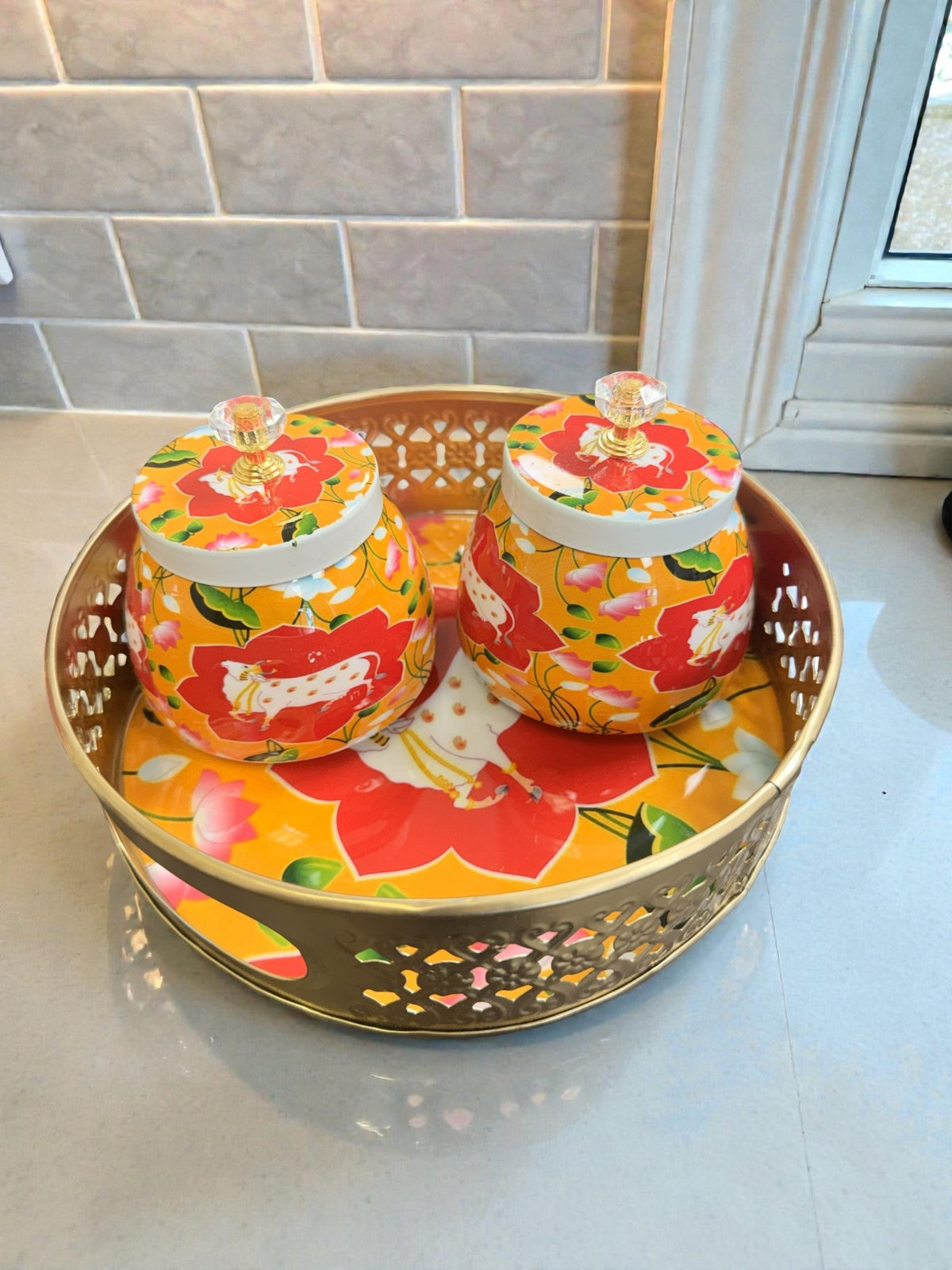 Designer Floral Print Tray Set with Matching Jar La Vie Bien Designer Floral Print Tray Set with Matching Jar