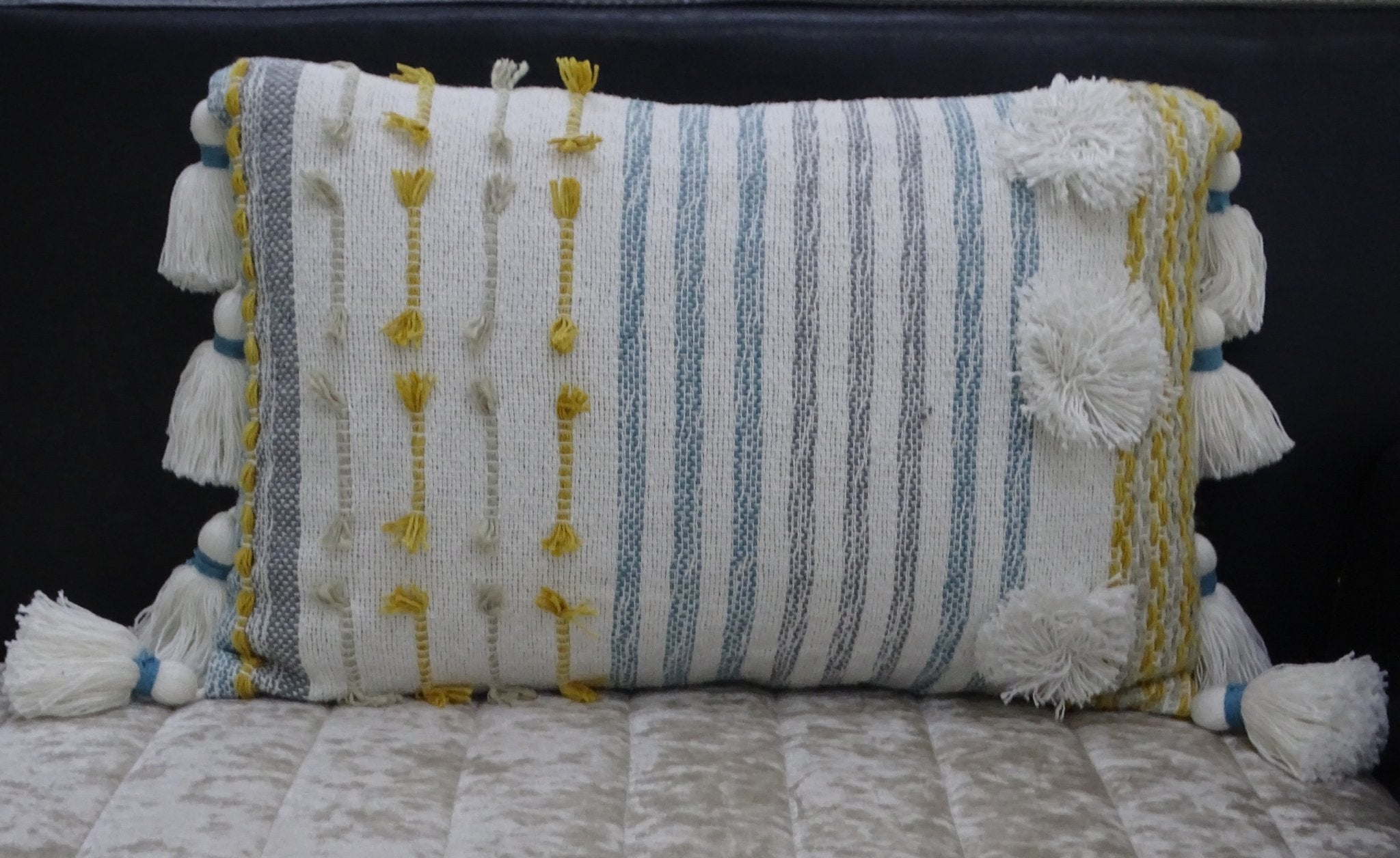 Designer Striped Pillow with Large Poms and Tassels 14"x20" Throw Pillow La Vie Bien Designer Striped Pillow with Large Poms and Tassels 14"x20"