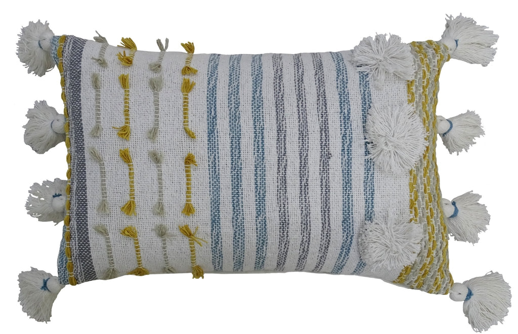 Designer Striped Pillow with Large Poms and Tassels 14"x20" Throw Pillow La Vie Bien Designer Striped Pillow with Large Poms and Tassels 14"x20"