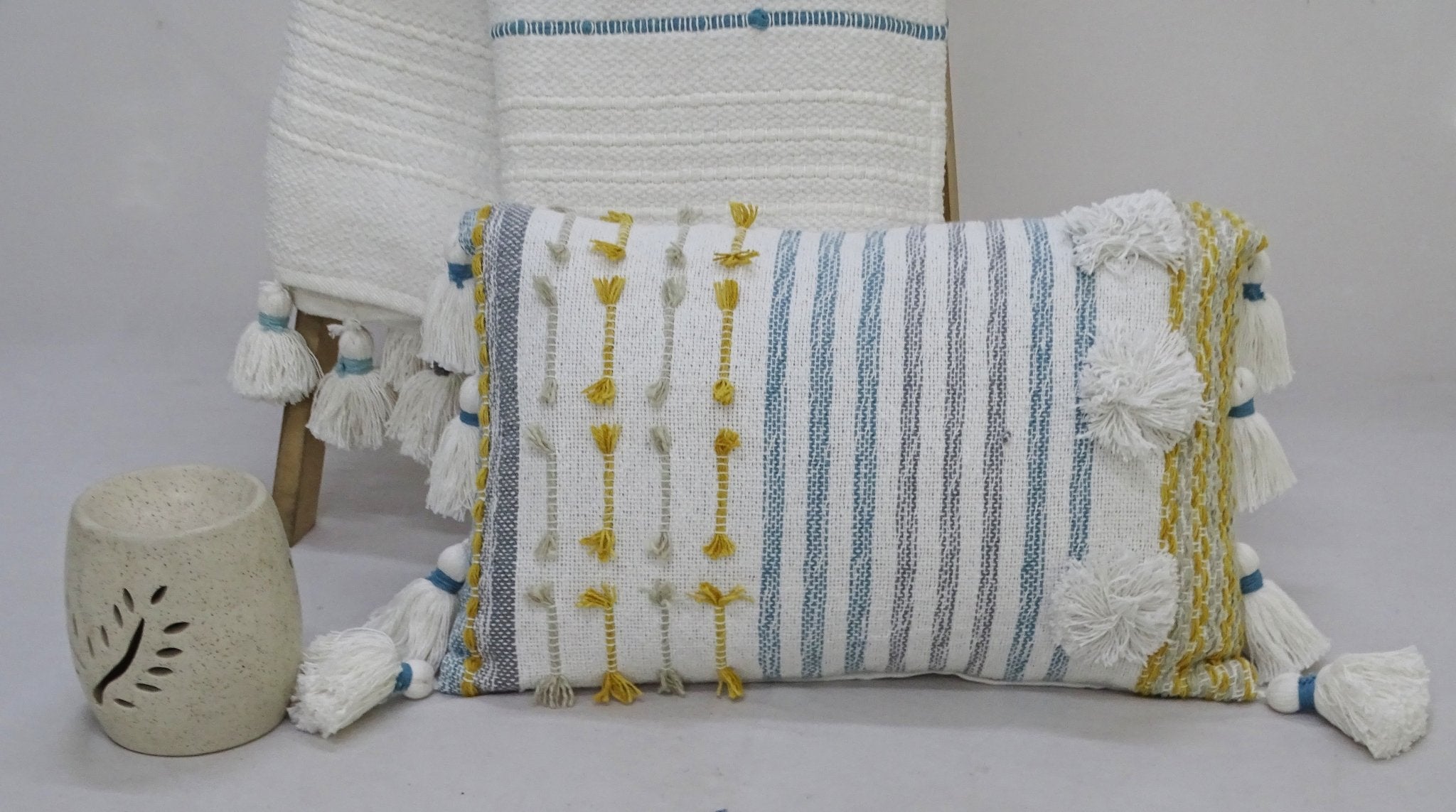 Designer Striped Pillow with Large Poms and Tassels 14"x20" Throw Pillow La Vie Bien Designer Striped Pillow with Large Poms and Tassels 14"x20"