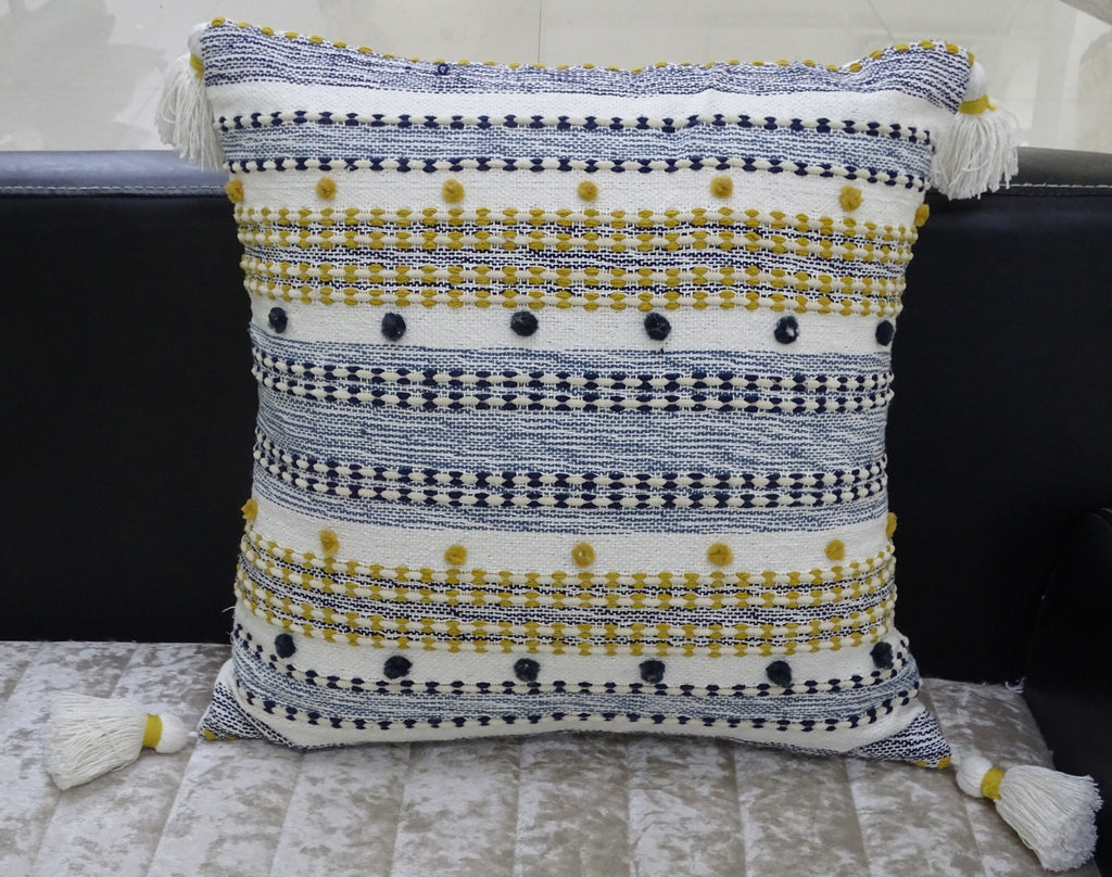Designer Striped Pillow with Mini Poms and Tassels 20"x20" Home Furnishings La Vie Bien Designer Striped Pillow with Mini Poms and Tassels 20"x20"