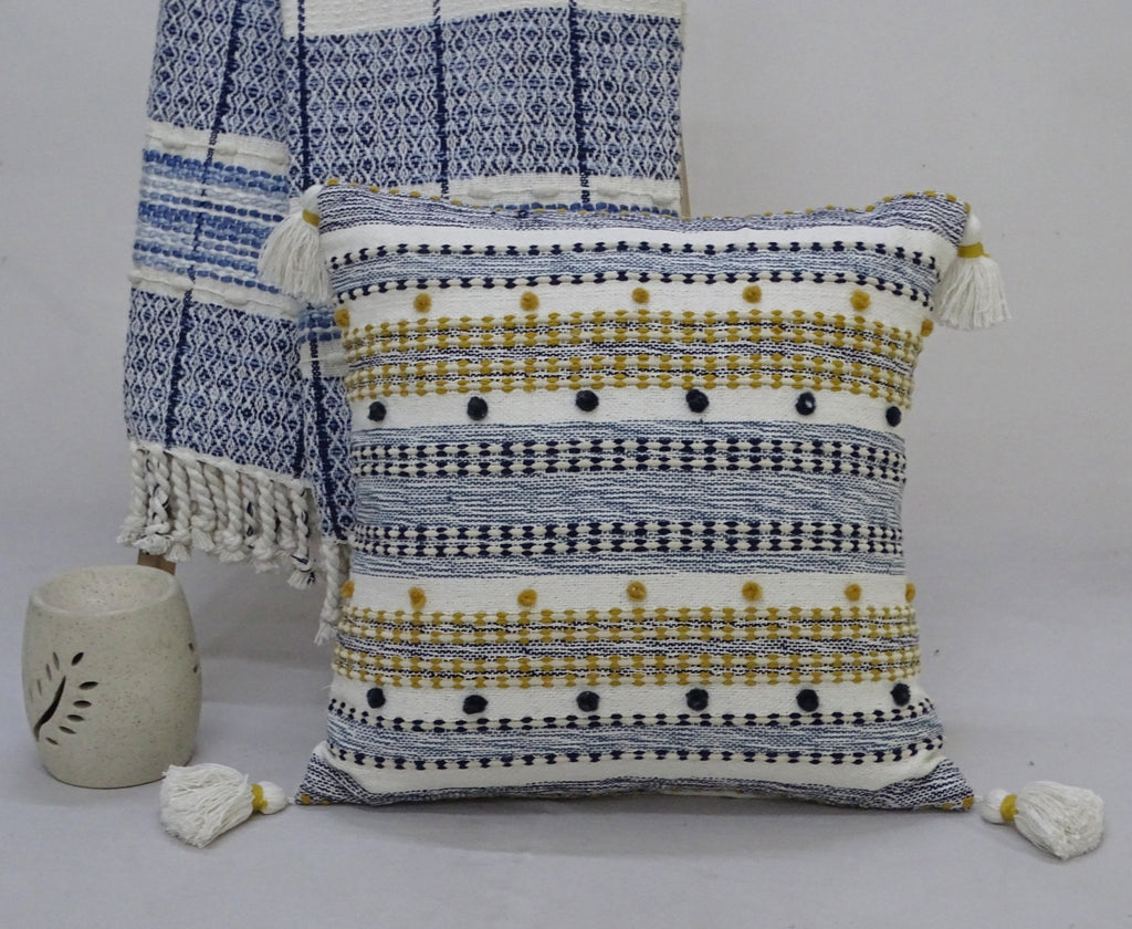 Designer Striped Pillow with Mini Poms and Tassels 20"x20" Home Furnishings La Vie Bien Designer Striped Pillow with Mini Poms and Tassels 20"x20"