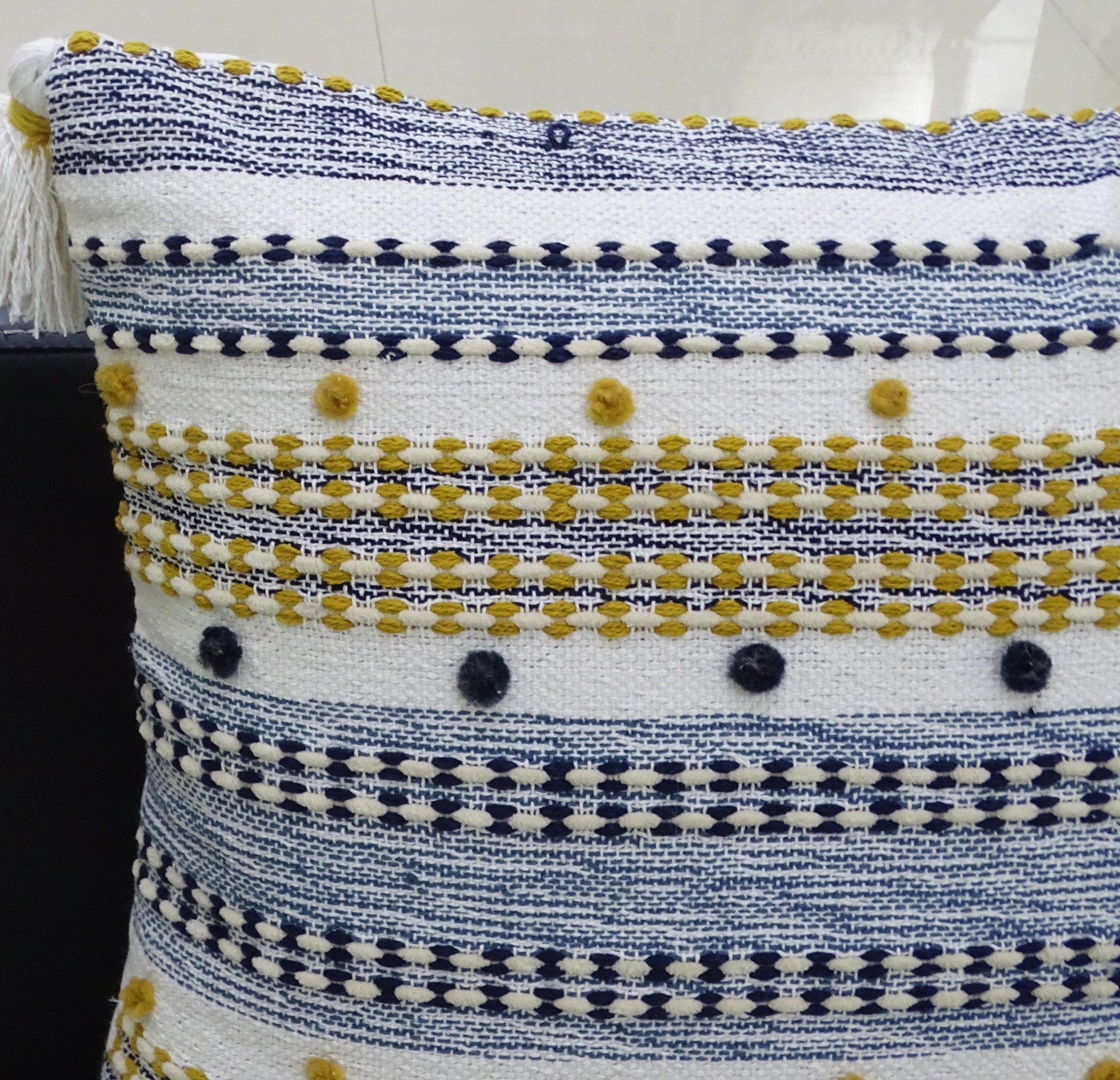 Designer Striped Pillow with Mini Poms and Tassels 20"x20" Home Furnishings La Vie Bien Designer Striped Pillow with Mini Poms and Tassels 20"x20"