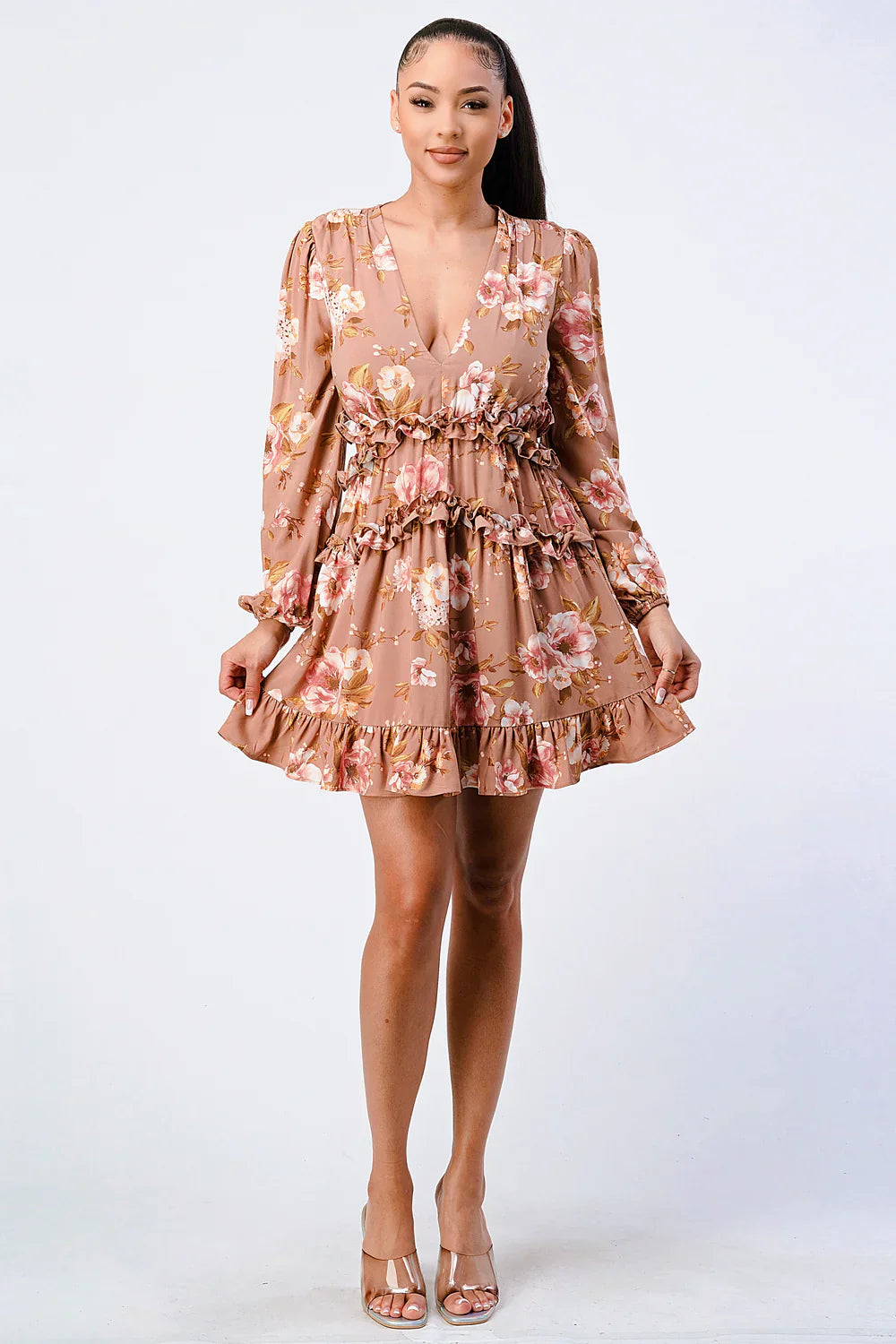 FLORAL CHIFFON V-NECK MINI DRESS