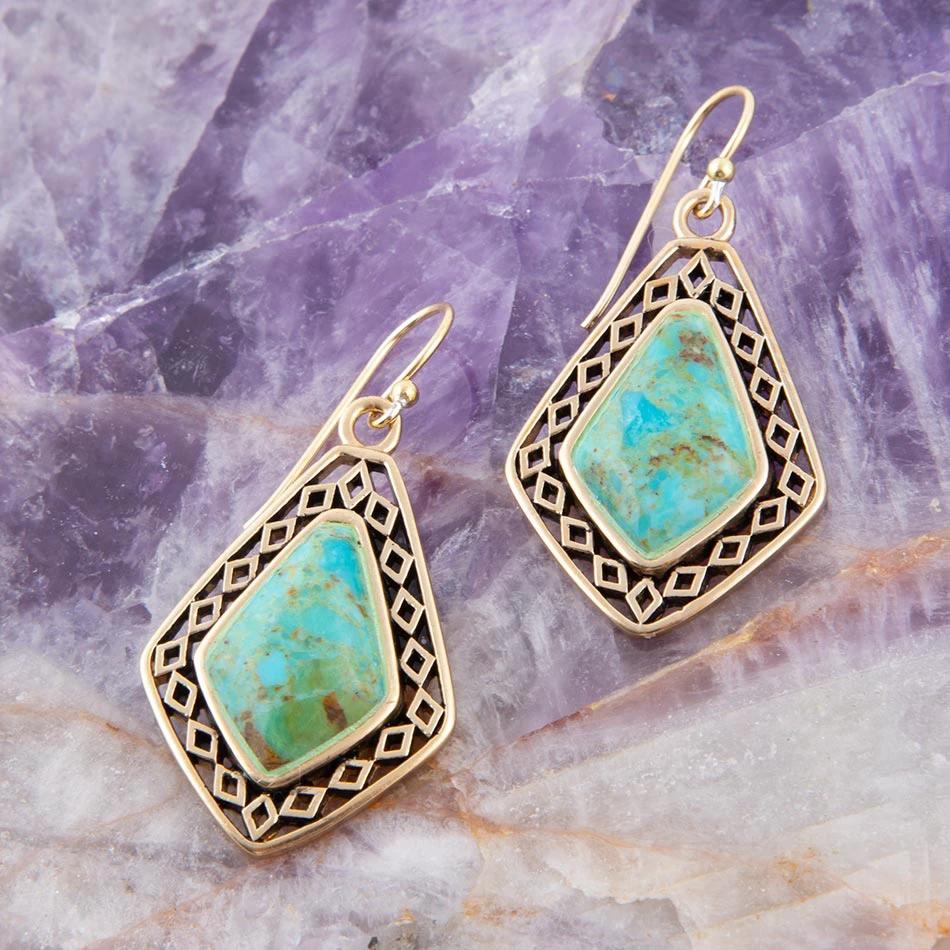 Dimond Blue Turquoise Stone Golden Drop Earrings by Barse Jewelry