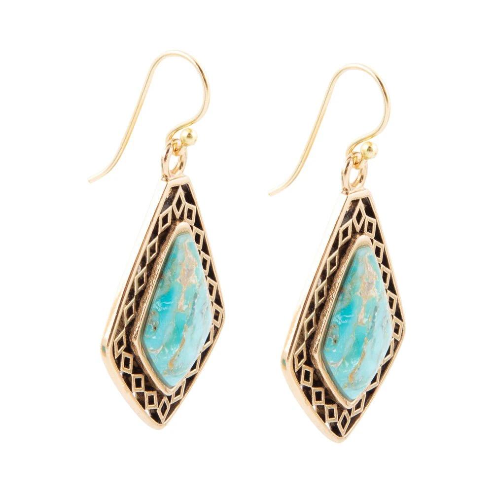 Dimond Blue Turquoise Stone Golden Drop Earrings by Barse Jewelry