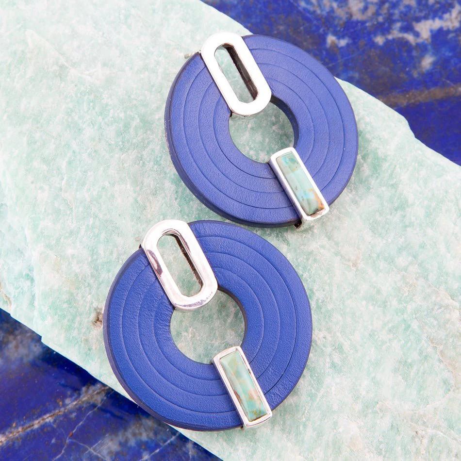 Discus Blue Turquoise and Leather Sterling Silver Earrings by Barse Jewelry