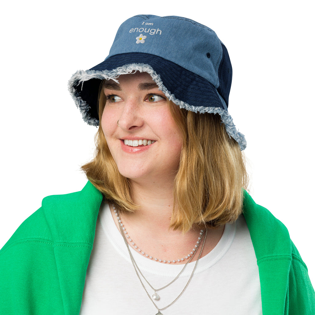 I am enough daisy distressed denim bucket hat - La Vie Bien - Daisy bucket hat - Happy hats - I am enough