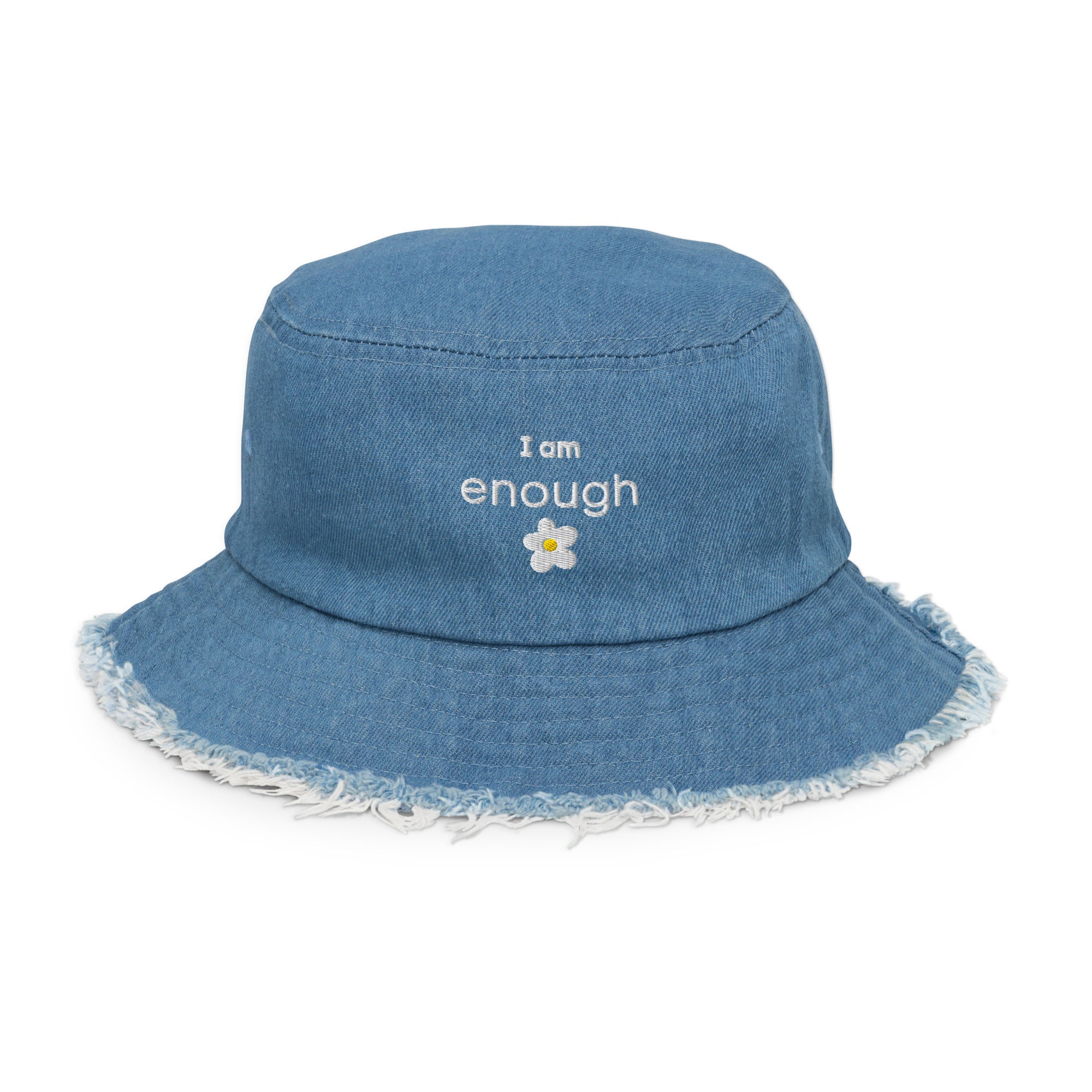 I am enough daisy distressed denim bucket hat