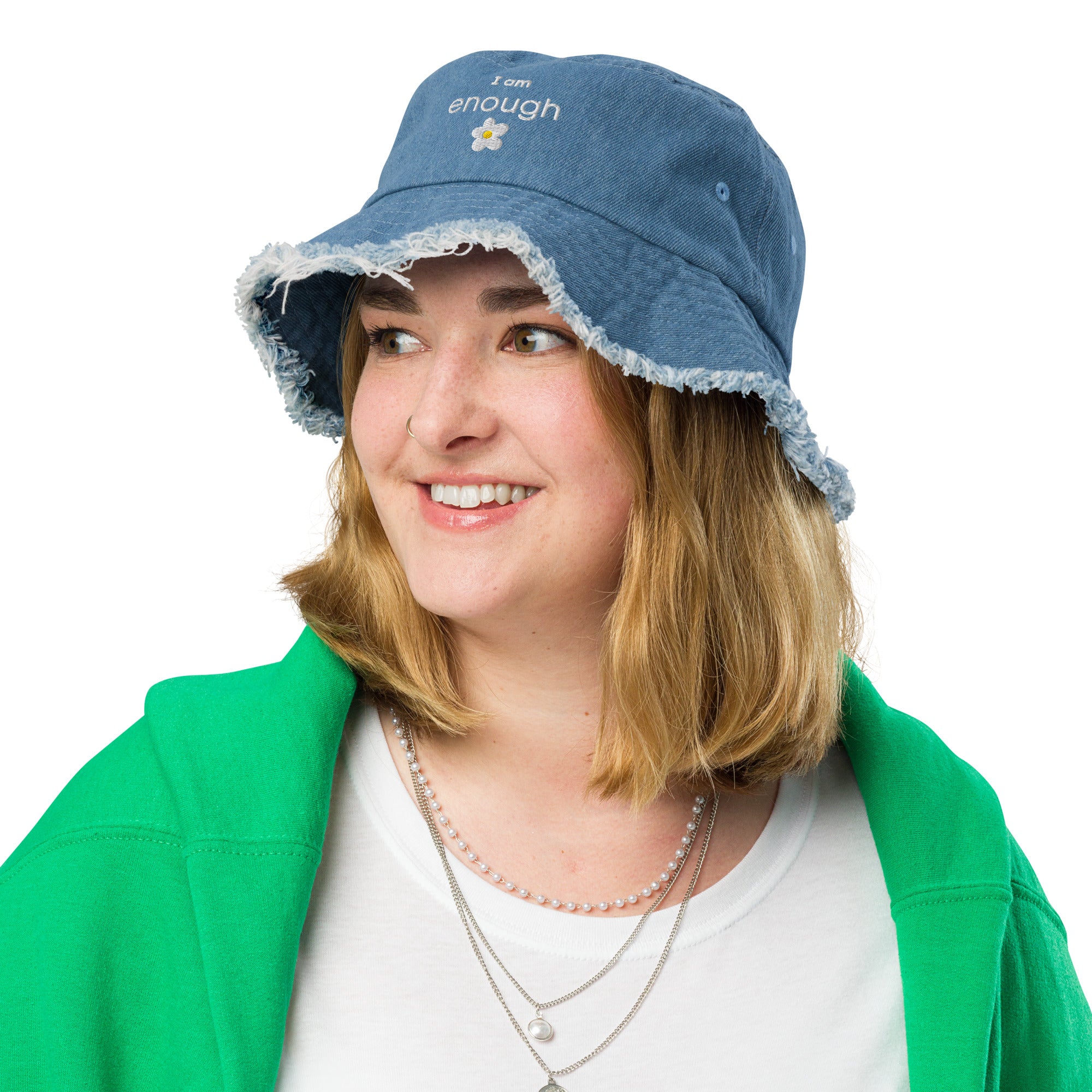 I am enough daisy distressed denim bucket hat