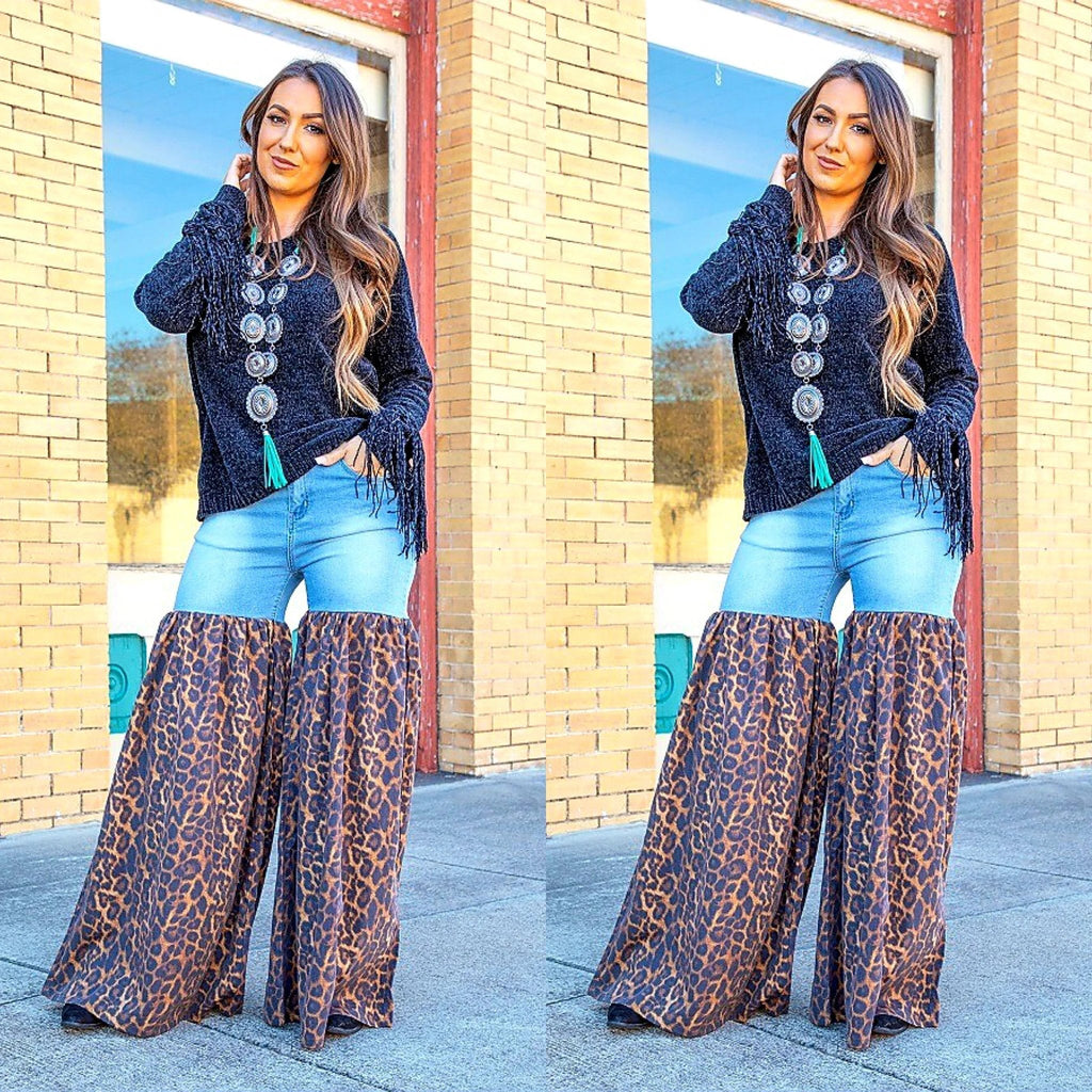 Distressed Light Denim Animal Print Palazzo Wide Leg Jeans