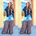 Distressed Light Denim Animal Print Palazzo Wide Leg Jeans