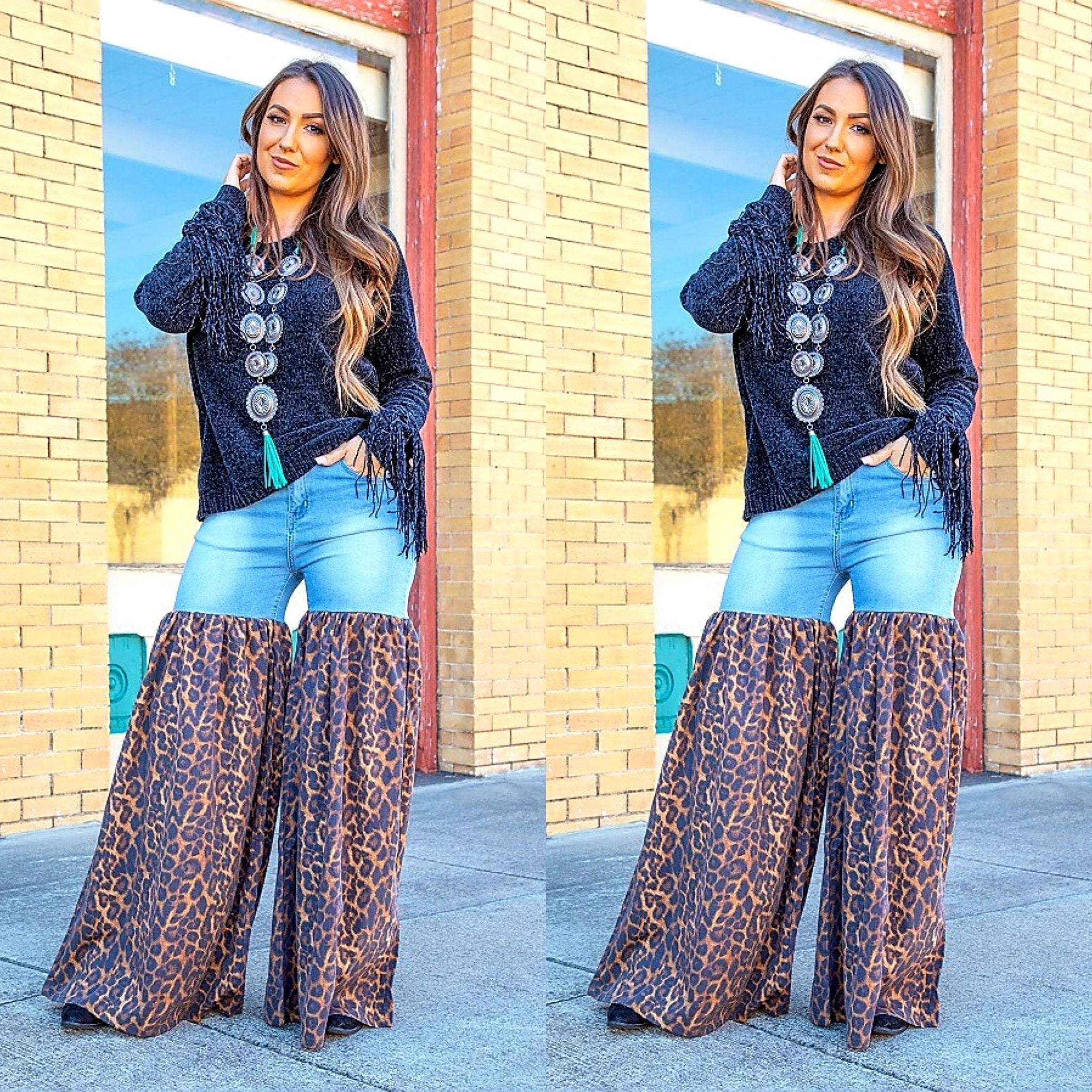 Distressed Light Denim Animal Print Palazzo Wide Leg Jeans