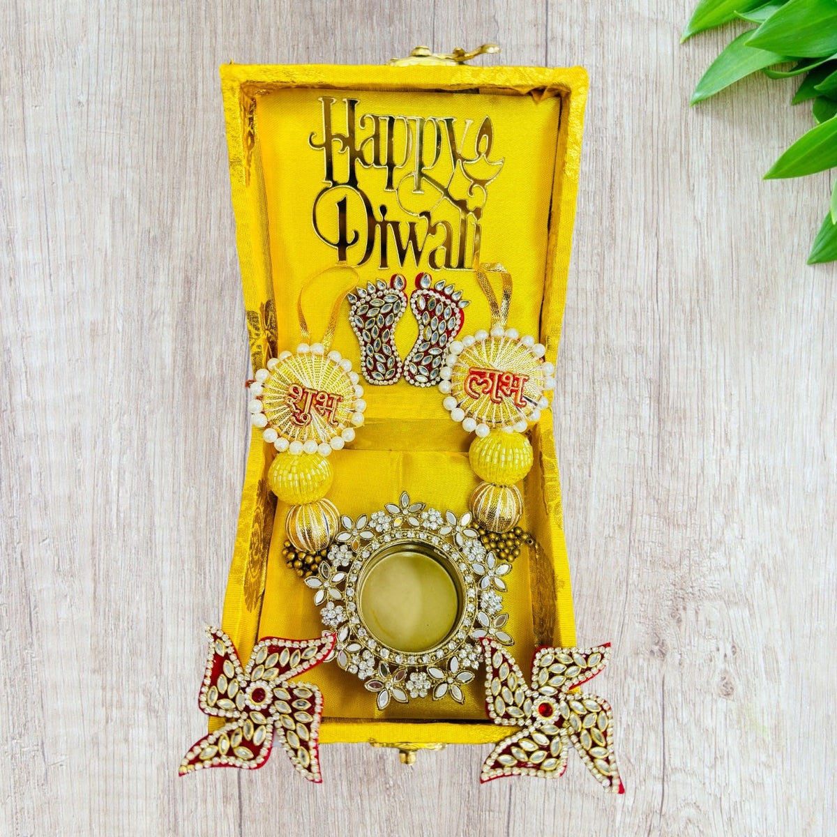 Diwali Gift Combo - Laxmi Charan & Swastiks, Shubh Labh Pair & Diya in Gift Box La Vie Bien Diwali Gift Combo - Laxmi Charan & Swastiks, Shubh Labh Pair & Diya in Gift Box