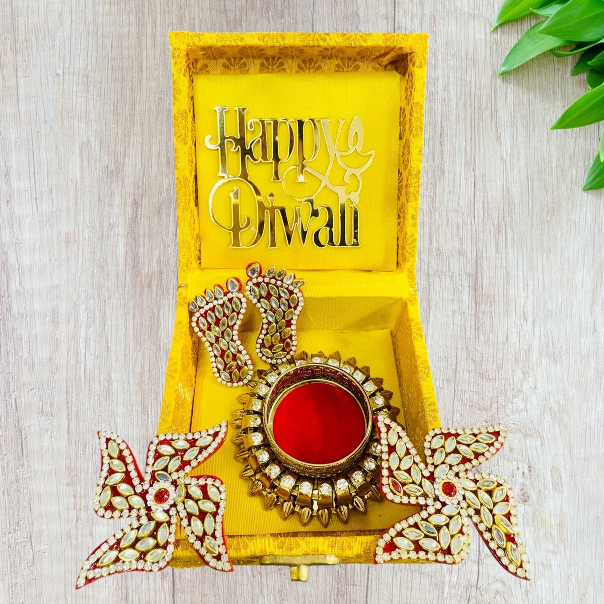 Diwali Gift - Diya with Kundan Laxmi Charan & Swastik in Gift box with Happy Diwali Decal La Vie Bien Diwali Gift - Diya with Kundan Laxmi Charan & Swastik in Gift box with Happy Diwali Decal
