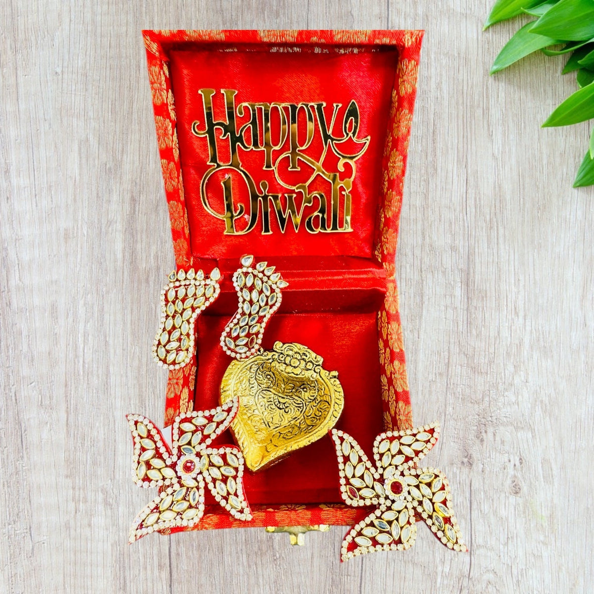 Diwali Gift - Diya with Kundan Laxmi Charan & Swastik in Gift box with Happy Diwali Decal La Vie Bien Diwali Gift - Diya with Kundan Laxmi Charan & Swastik in Gift box with Happy Diwali Decal