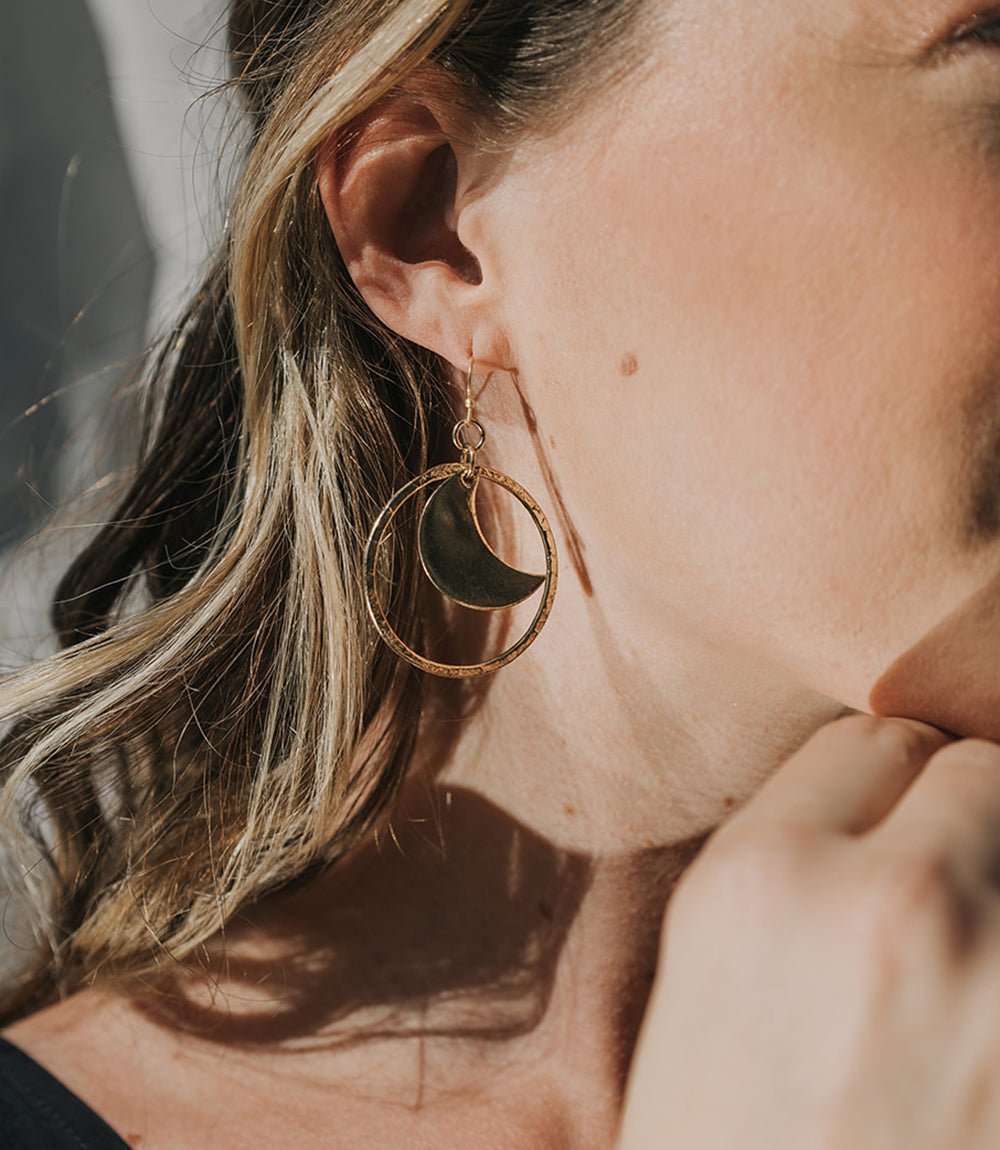 Diya Crescent Moon Hoop Dangle Earrings HME stock line La Vie Bien Diya Crescent Moon Hoop Dangle Earrings